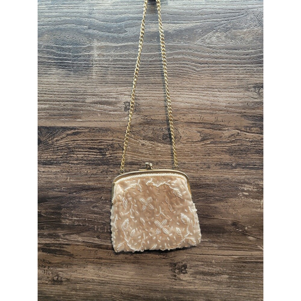 Vintage Mid Century Cream/Gold Beaded Purse Handbag Evening Bag by Walborg